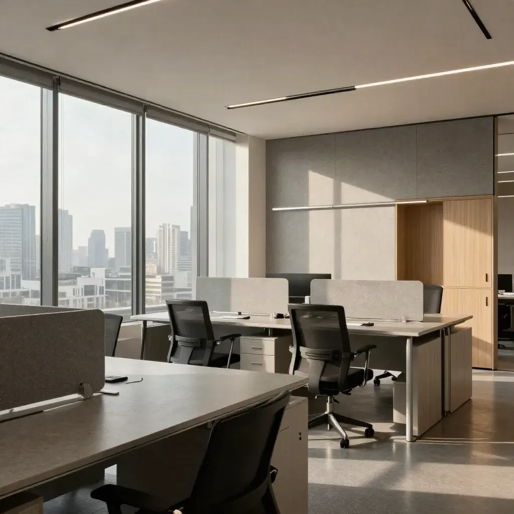 Suite ufficio moderna con scrivanie modulari, pannelli fonoassorbenti e vetrate sulla skyline di Milano.