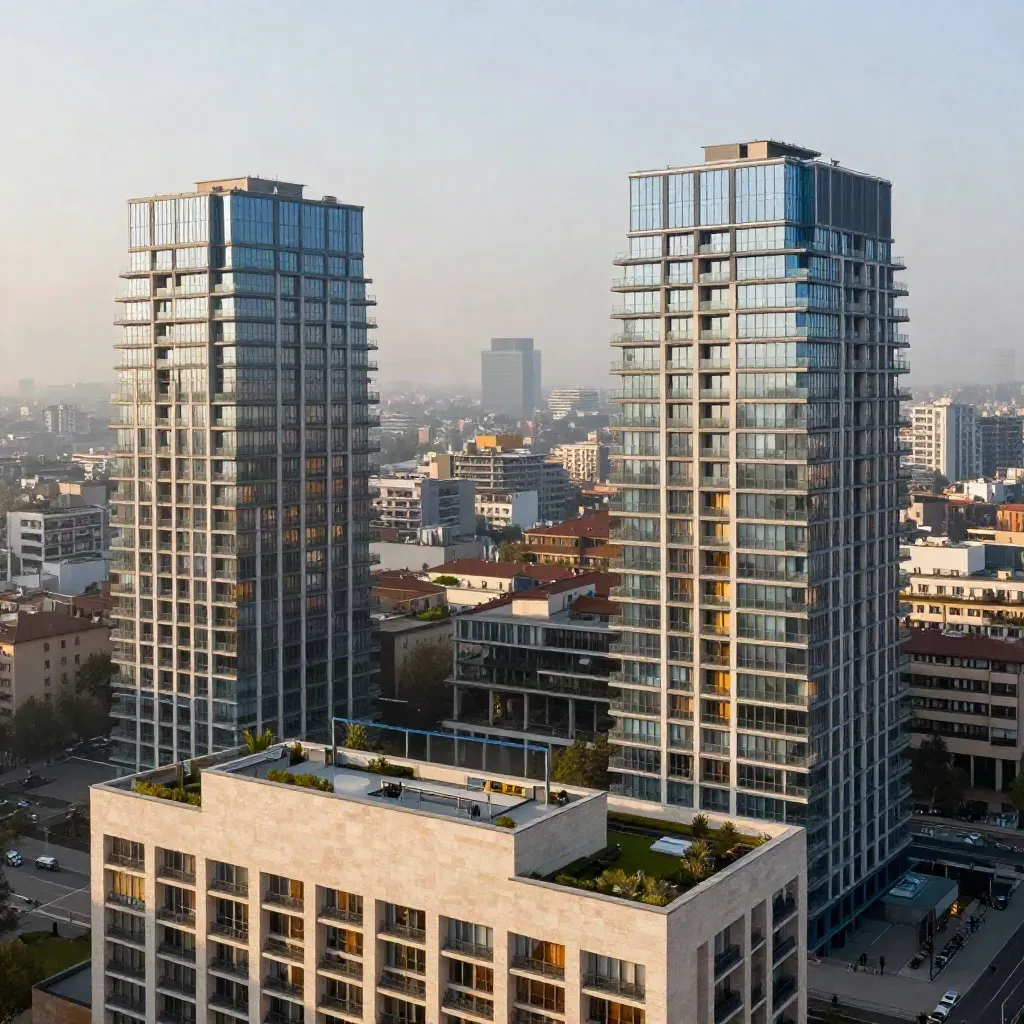 Torri residenziali di Milano con corti interne e facciate blu vetro in luce calda