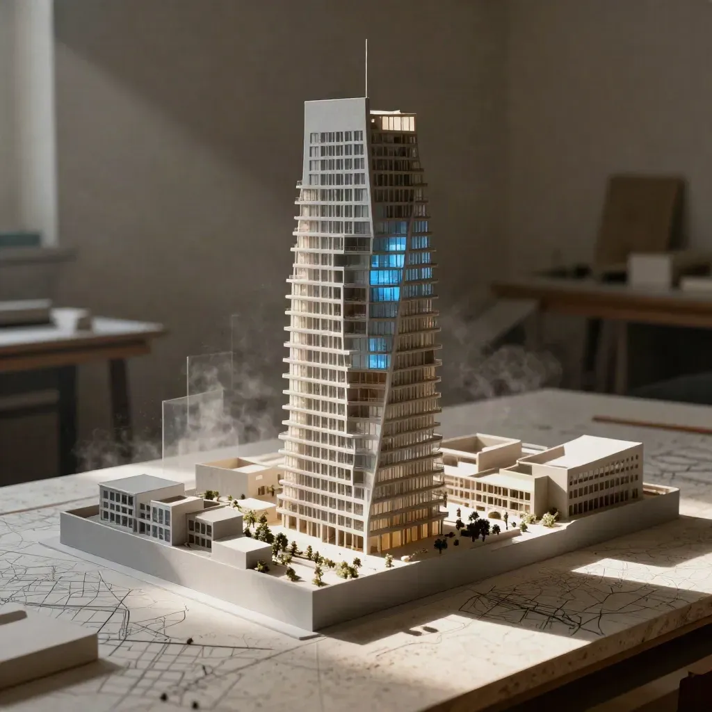 Modello architettonico stratificato di Torre Milano con piani trasparenti e quartiere in miniatura