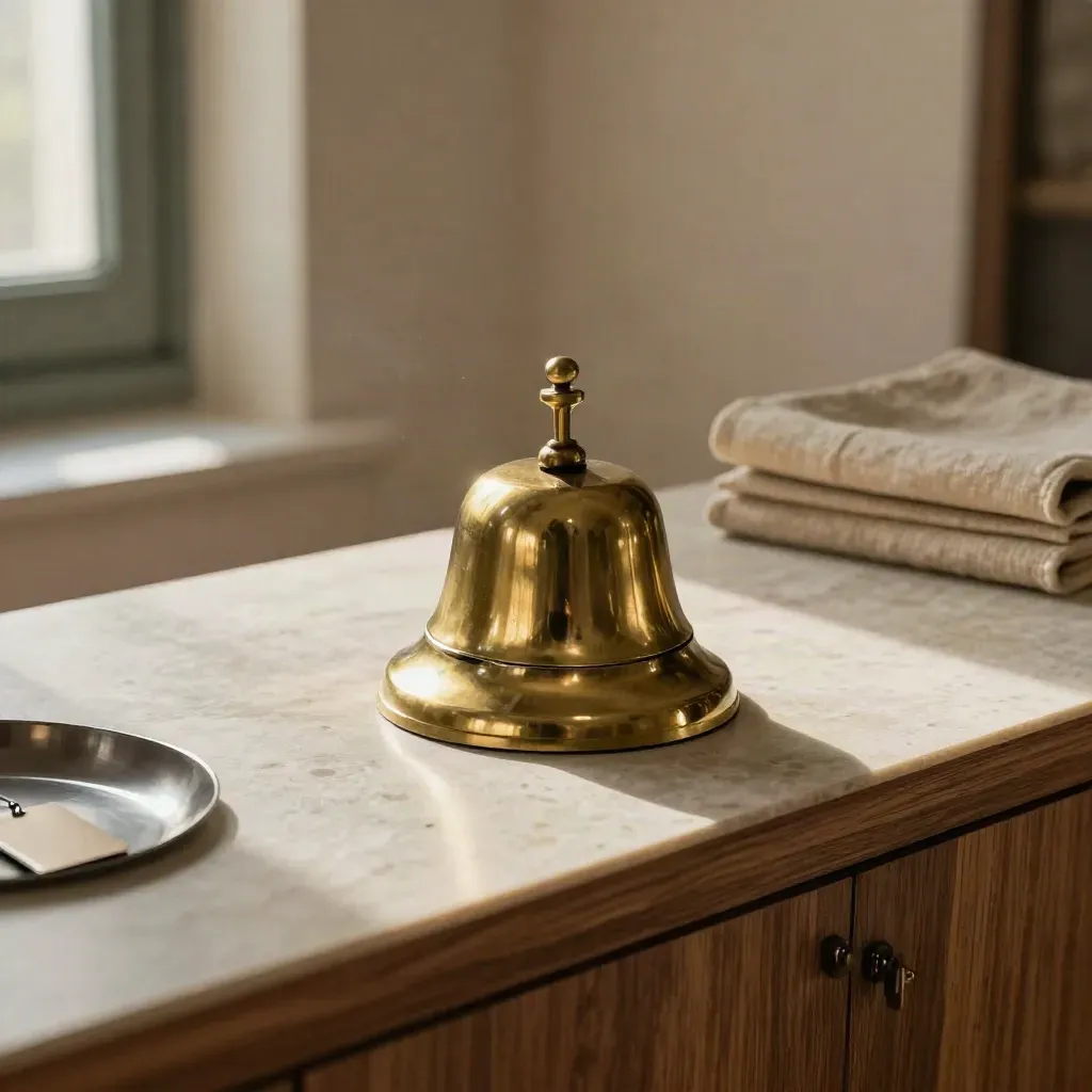 Campanello in ottone e vassoio metallico su console d’ingresso luminosa