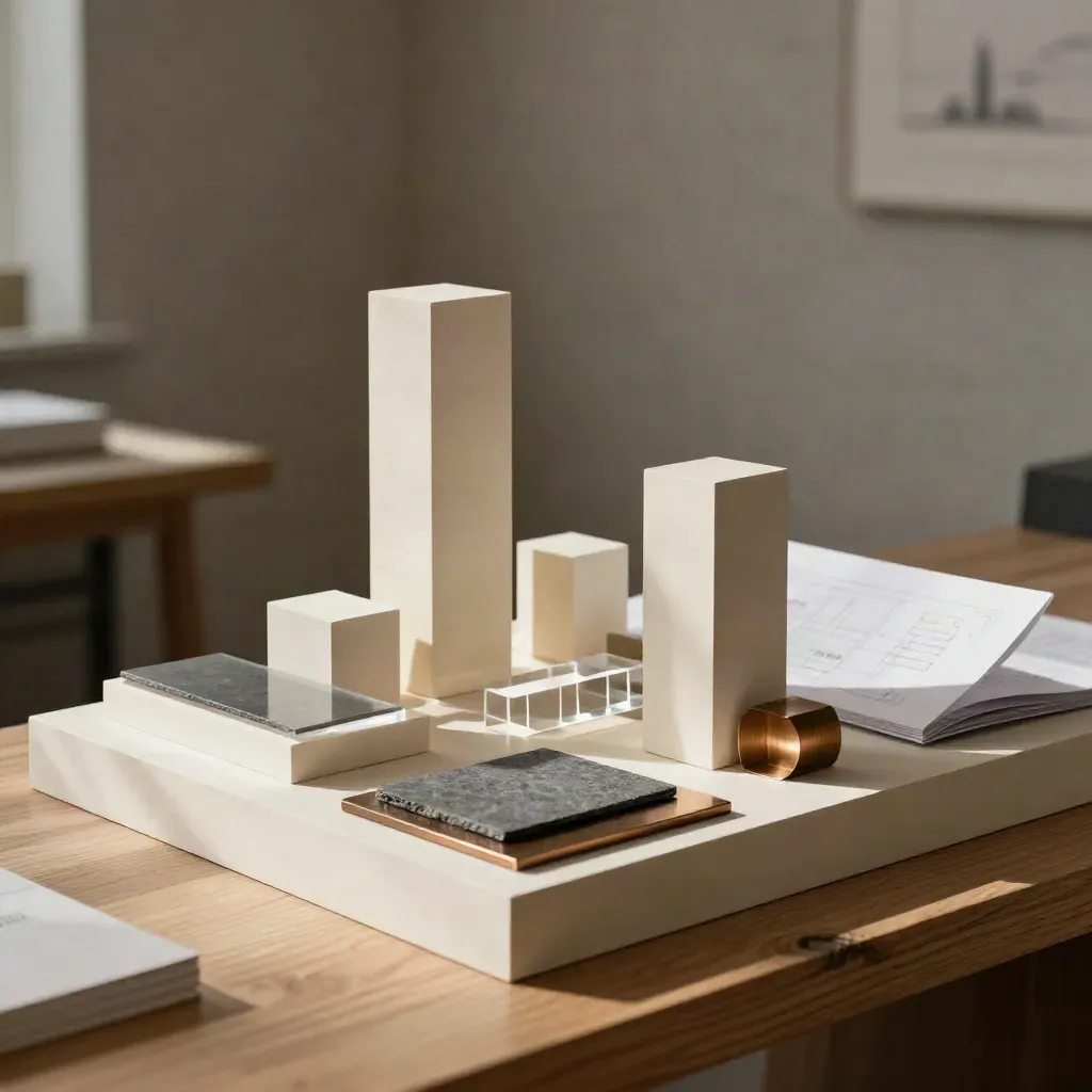 Modello architettonico urbano con campioni materiali e piani trasparenti su base chiara