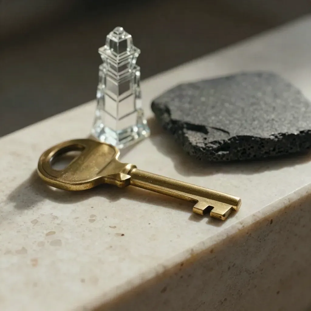 Chiave in ottone, torre in vetro e campione di pietra scura su travertino chiaro