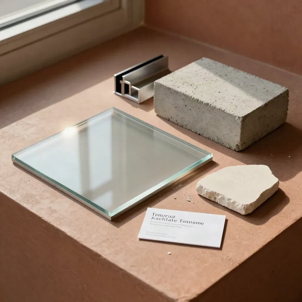 Campioni materiali di progetto con vetro, calcestruzzo e alluminio su banco terracotta.