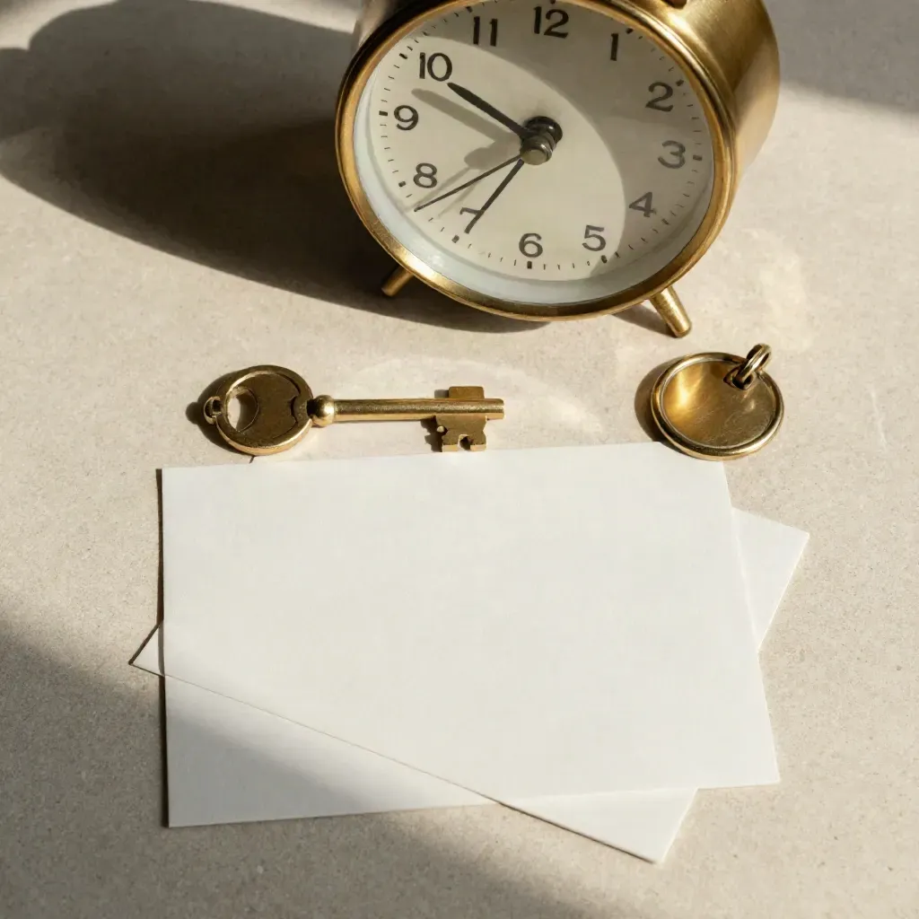 Flatlay dall’alto con orologio da tavolo, gettone chiavi e segnaposto oro su pietra chiara.