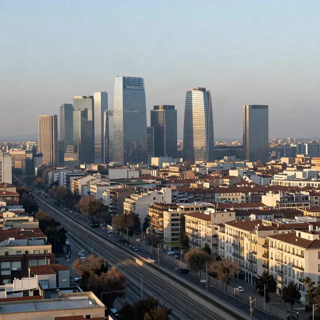 Panorama dorato di Porta Nuova con binari, alberi e torri di vetro nel nord di Milano